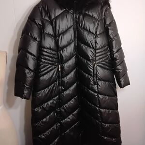 Gallery Black Long Quilted Puffer Coat with Fur-Trim Hood